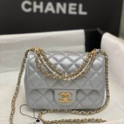 CHANEL Lambskin Shoulder Bag Crossbody Bag Gold Pearl Chain