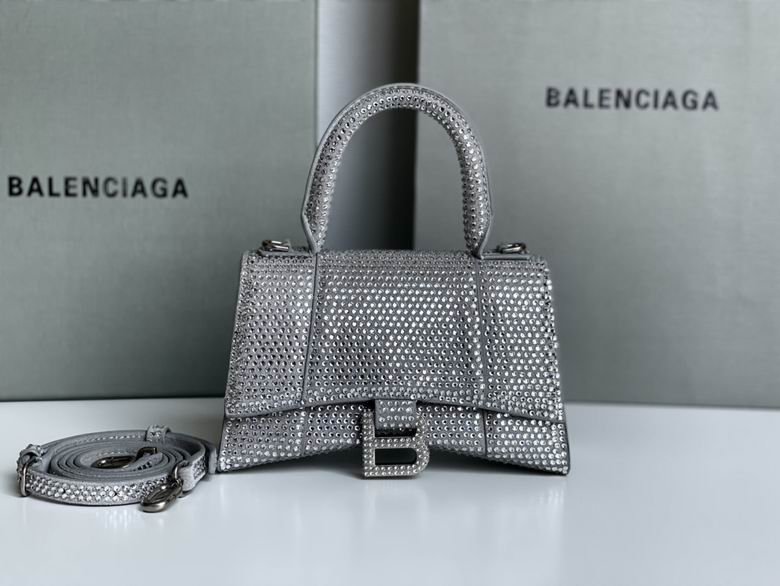 Balenciaga Crocodile Embossed Hourglass Cow Leather Handbag, Crossbody Bag Silver