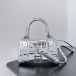 Balenciaga Crocodile Embossed Hourglass Top Handle handbag Silver