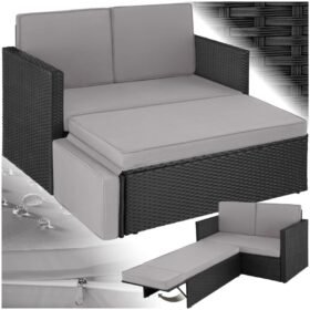 tectake Sofa Set – 2 Sitzer Sessel mit Hocker und Schlaffunktion, kleine Rattan Couch als Outdoor Gartenmöbel, wetterfest für Lounge, Balkon und Garten, klappbar mit Polstern